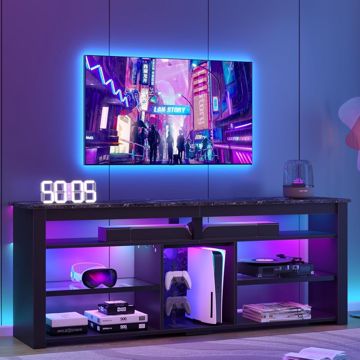 Premium 70 Inch TV Meubel met LED Verlichting en Gaming Opbergruimte – Black Marble Design 160x33,8x66,8 cm