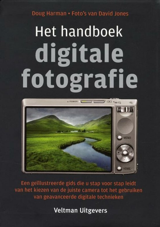 Boek 'Het handboek digitale fotografie' met een digitale camera en landschap op de cover.