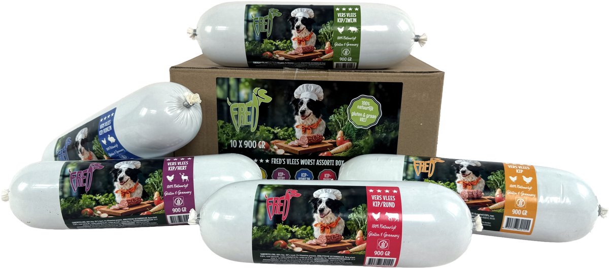 Freds Gestoomd Vleesworst Assorti Box - Kip, Hert, Konijn, Rund, Wild Zwijn - 10x900gr