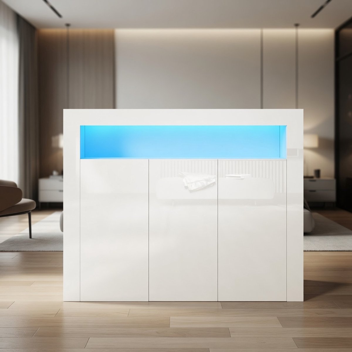 Luxe Hoogglans Witte Sideboard Kast met LED Verlichting – Greeploos Dressoir Keuken/ Hal/ Slaapkamer Opbergkast met 3 Deuren & Soft-Close – 116 x 93 x 35 cmMobili Bella