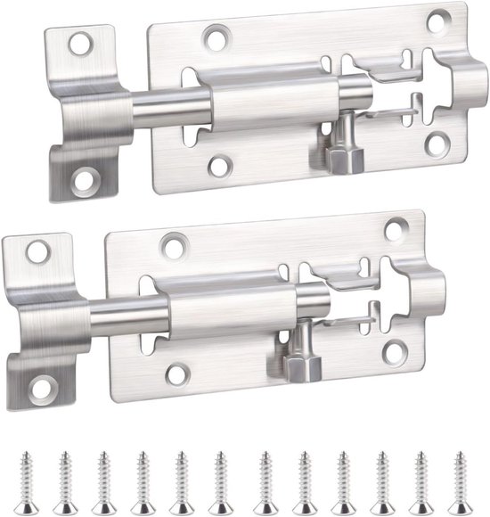 Deurslot Veiligheid - 2 Stuks - Schuifslot RVS - Sloten - Voor Binnen & Buiten - Met 12 Stuks Schroeven - Geschikt voor schuren, bergingen, tuinkamers, kasten en lades - Zilver