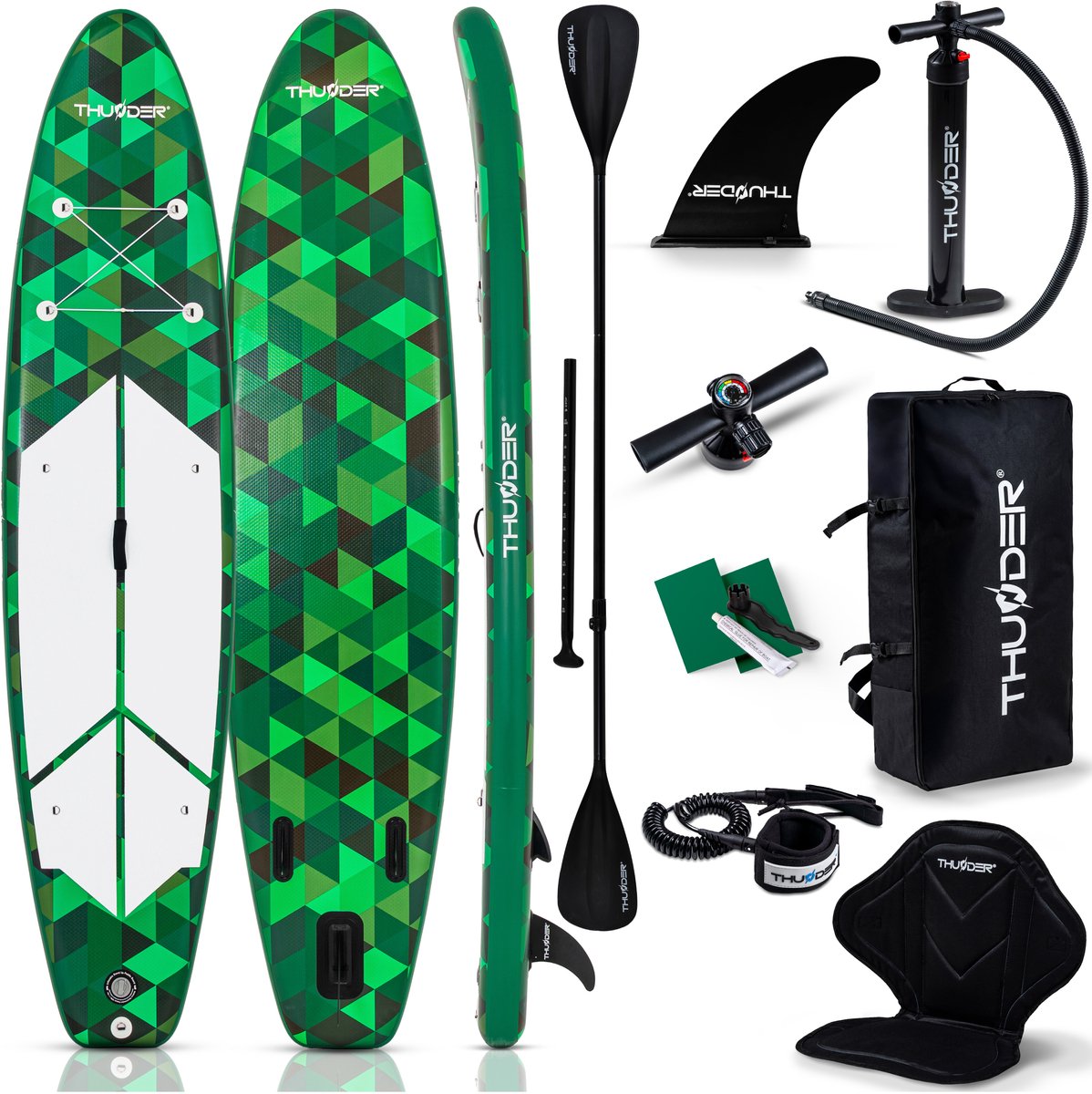 THUNDER® CAMO SUP Board Opblaasbare 350 cm met Kajakstoel – Complete Set met Pomp, Peddel & Accessoires