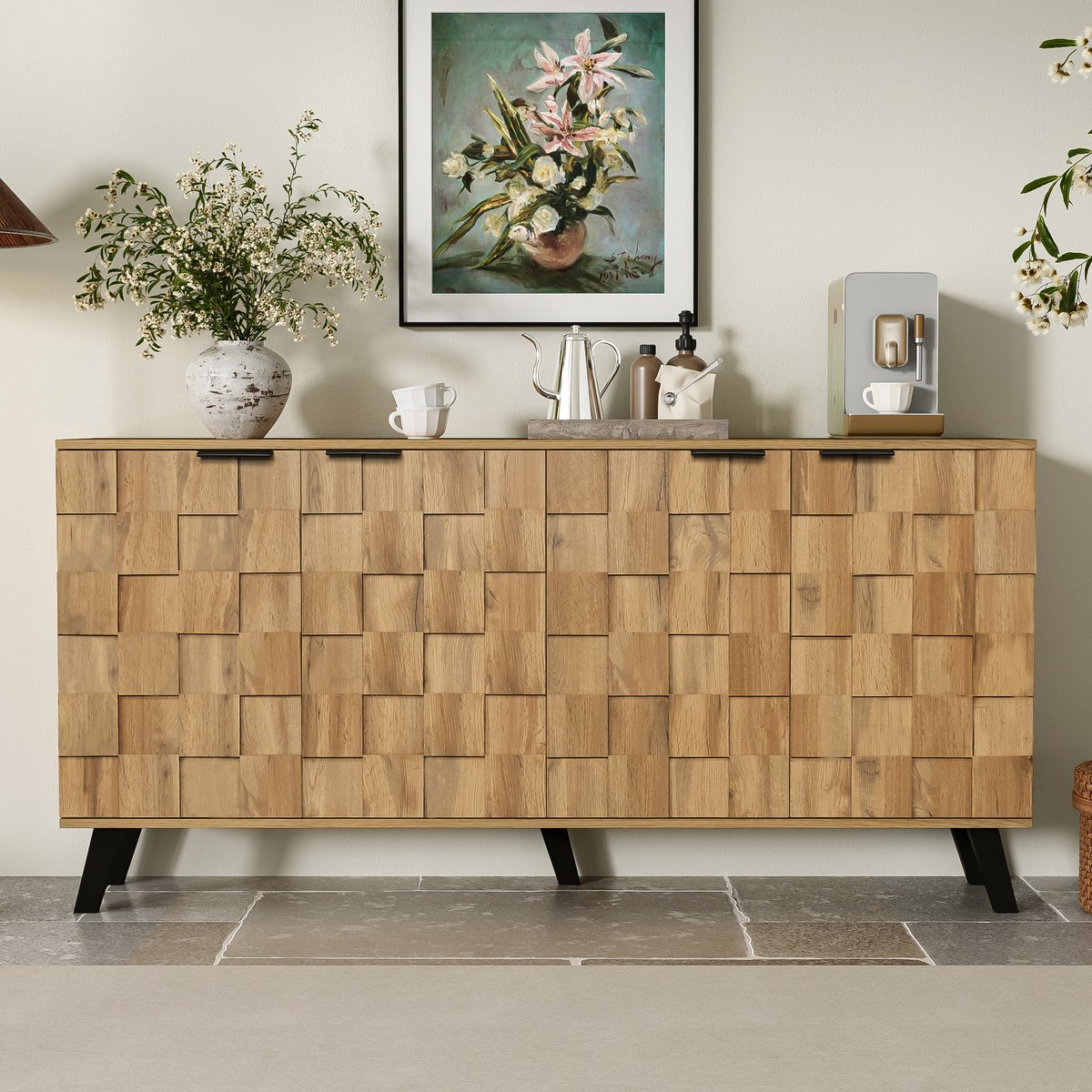 BLACKCOLORS Modern dressoir met 4 deuren, 160,5 x 35,5 x 78 cm – Praktisch ontwerp voor woonkamer, slaapkamer en eetkamer