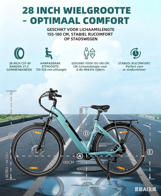 Elektrische fiets 28 Inch - Damesfiets-Herenfiets-Aluminiumlegering- met 7 versnellingen -36 V 20 Ah -elektrische stadsfiets -Achterwielmotor 250W - Hydraulische schijfrem -tot 150km- IP54 Waterdicht - Blauw — afbeelding 2
