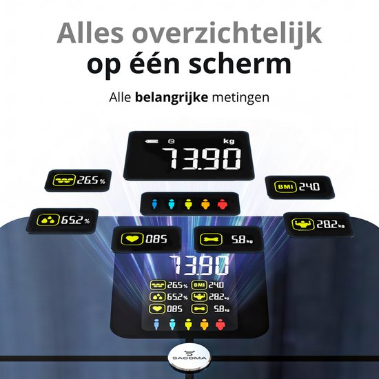 Sacoma Original Weegschaal Personenweegschaal Digitaal - 22x Lichaamsanalyse - Slimme Weegschaal met App - Weegschalen - Vetpercentage