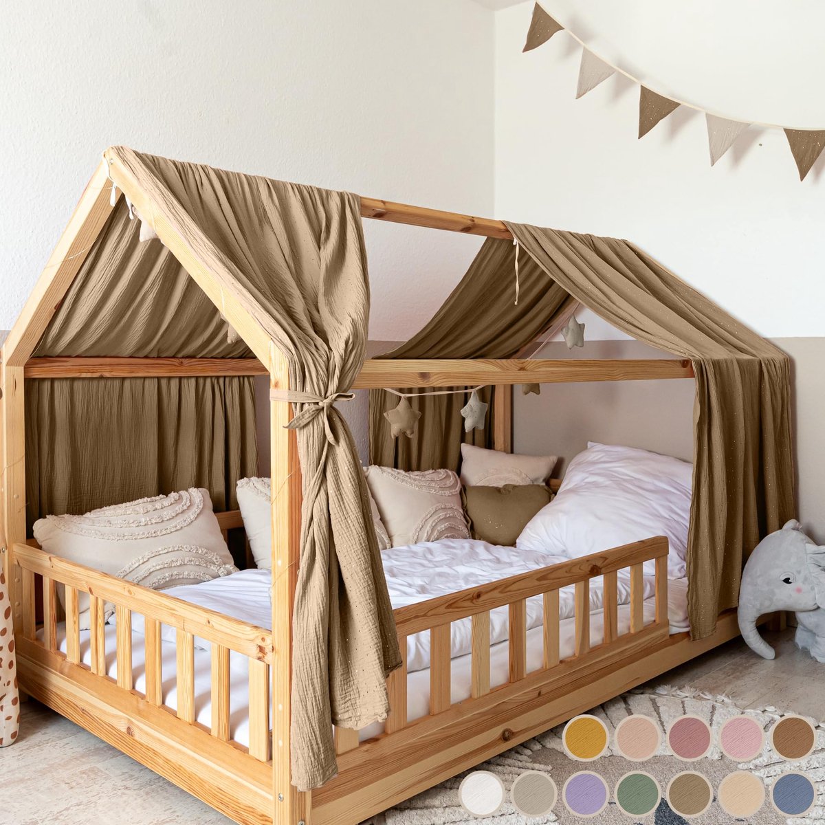 LILIMAUS Huisbed hemeltje - bedhemel voor huisbed - 67,5 x 320 cm - mousseline katoen - donkerbeige
