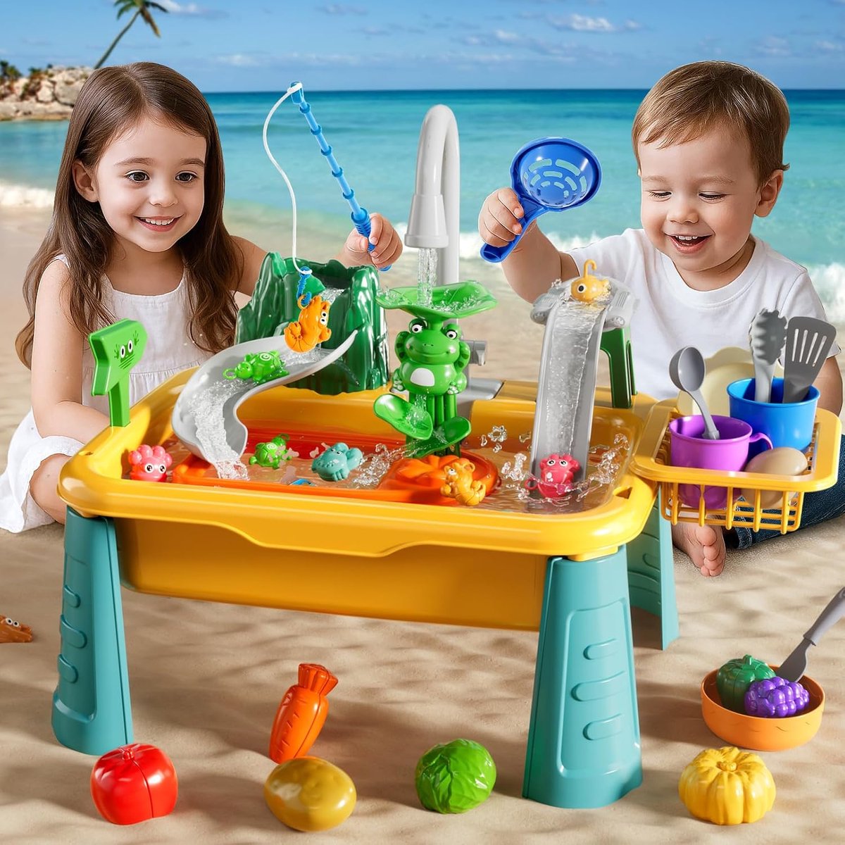 2-in-1 elektrische keukenwasser speelgoed - voor peuters van 3-8 jaar - Multifunctionele watertafel met stromend water en waterpomp - Vismetspel, keukenrollenspel, met accessoires voor eten en servies, verjaardagscadeau voor jongens en meisjes - geel — afbeelding 5