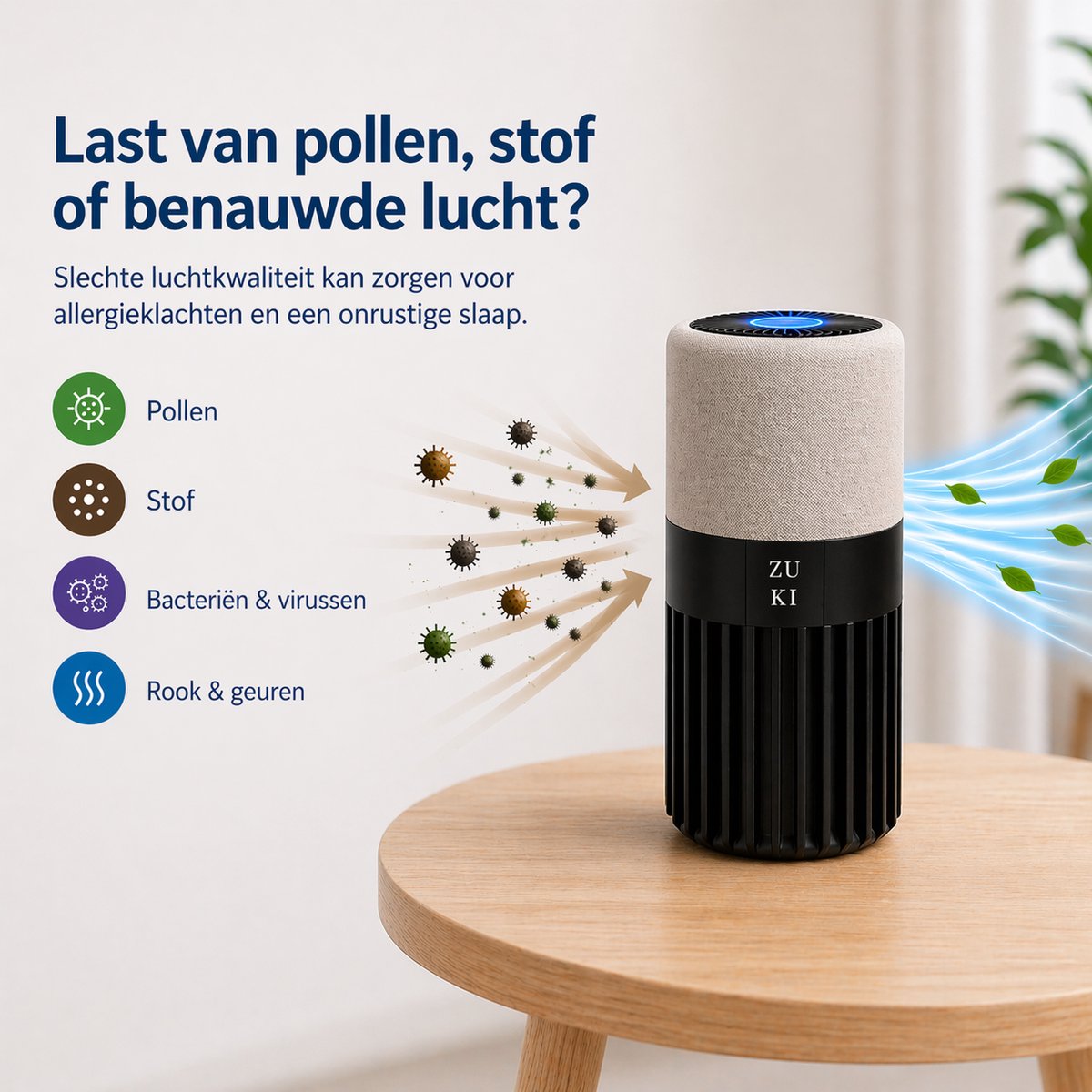 ZUKI Luchtreiniger met HEPA 13 Filter – Tegen Hooikoorts & Allergie – Fluisterstil (28dB) – Voor Slaapkamer – Tot 25m² – CADR 125 m³/u – Met Afstandsbediening — afbeelding 2