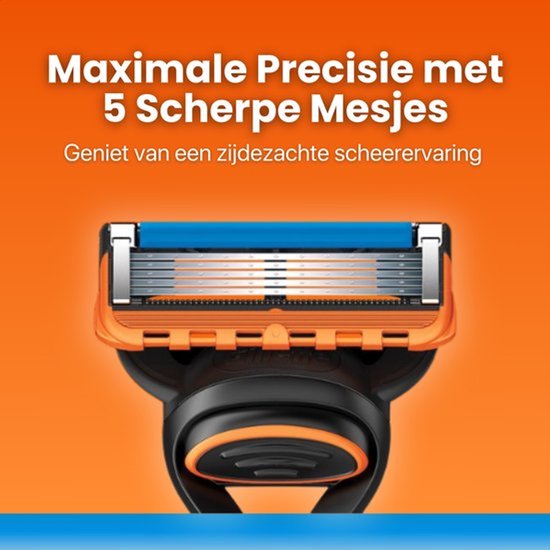 Close-up van een Ecotivity scheermesje met 5 scherpe mesjes en een oranje accent, voor een zijdezachte scheerervaring.