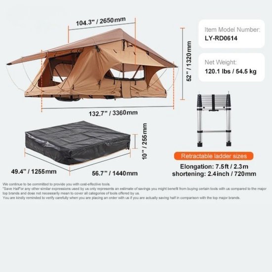 Damenzo - Tent - Kamperen - Camping - Vakantie - Waterdicht - Geschikt voor Jeep, SUV, Van & Pickup truck - 336x112cm van Merkloos — afbeelding 5