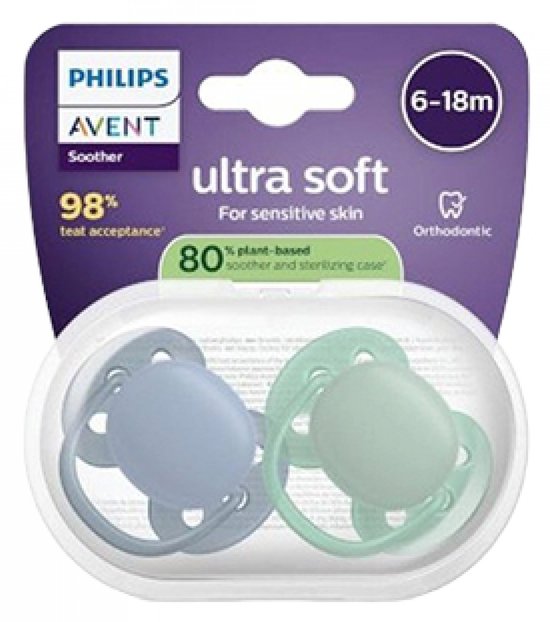 Avent Ultra Soft 2 Orthodontische Siliconen Fopspenen 6-18 Maanden (Kleur : Blauw)