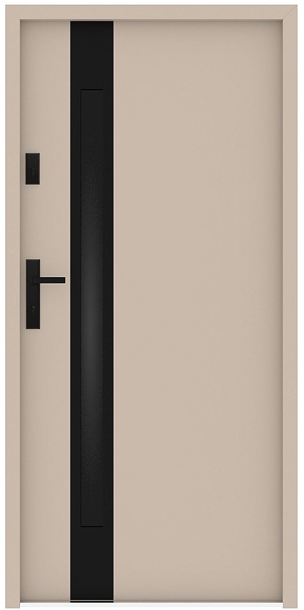 Vente-unique Massieve stalen en roestvrijstalen voordeur, 207 cm hoog x 100 cm breed - rookglas - beige en zwart - 55 mm dik - rechtsdraaiend - BRAGA