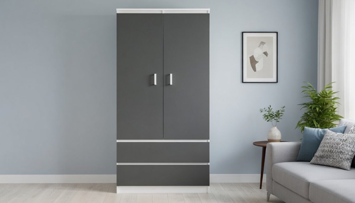 Garderobekast 180x90x51 cm – abtkantoor Moderne Kledingkast met 2 Deuren, 2 Laden, 4 Legplanken & Kledingstang – Multifunctionele Opbergkast voor Slaapkamer, Woonkamer & Hal – Wit / Grijs Design