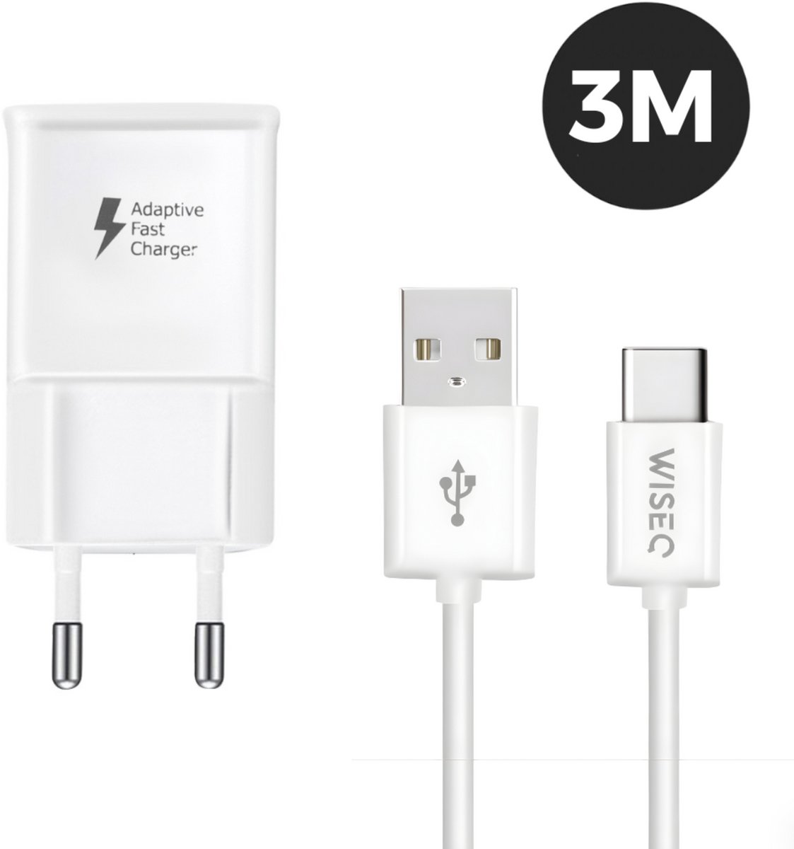 WISEQ Samsung Oplader + 3 meter USB-C Kabel - Snellader - Wit