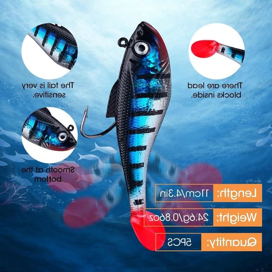 Set van 5 Rubberen Kunstaas met Jigkop voor Forel, Snoekbaars en Baars, Paddlestaart voor Zoet en Zoutwater (11 cm) — afbeelding 2