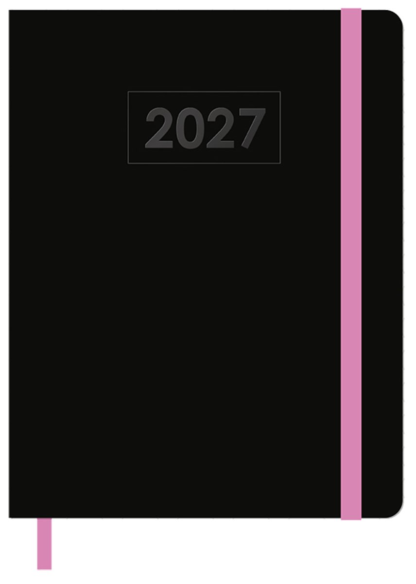 MGPcards - A5+ Agenda 2027 - Sluiting Elastiek - Weekoverzicht 1w/2p - Zwart + Roze elastiek - Ruime vakken - 19.5 x 24.5 cm