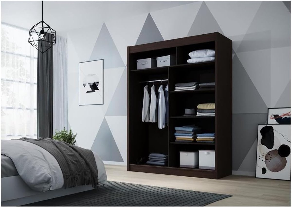 Kledingkast met schuifdeuren 120x58x200 cm met 5 legplanken en kledingstang, compacte garderobekast zonder spiegel, moderne opbergkast slaapkamer chocolade – Vermissen
