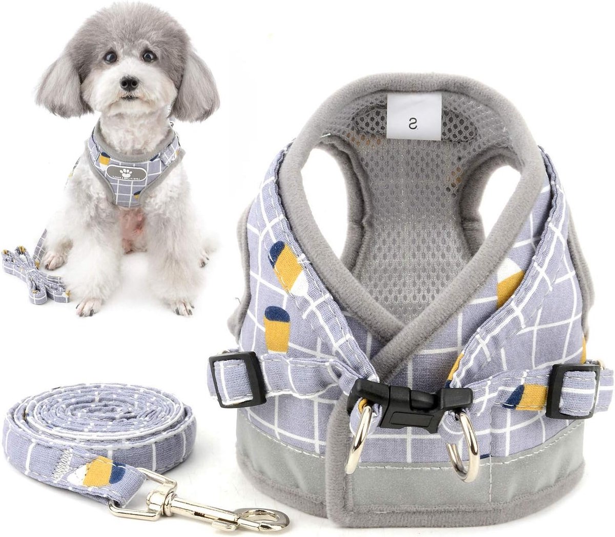 Verstelbare hondenharnas met riem, reflecterend en ademend voor chihuahua's, puppy's en katten, grijs, maat M