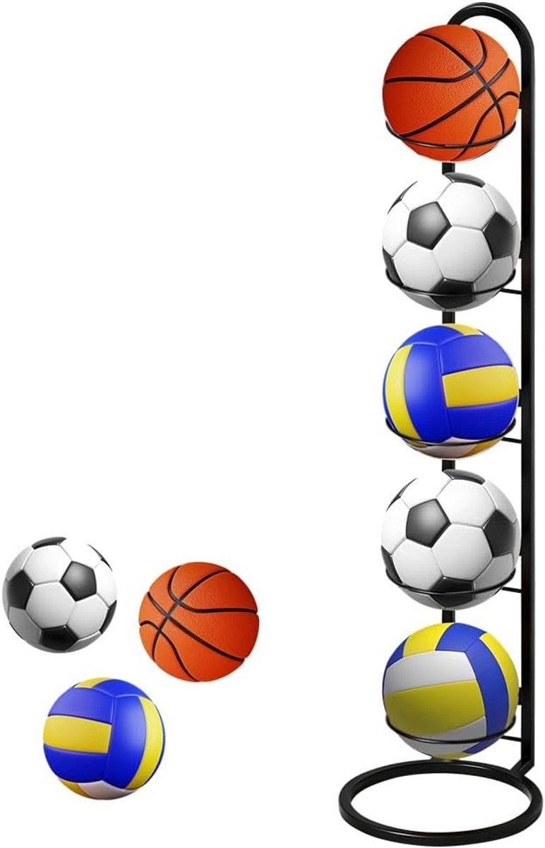5-fase balstandaard, metalen balhouder, verticale balrek met verwisselbare houders voor basketbal, voetbal en volleybal, stevige opslag voor sportballen binnen en buiten