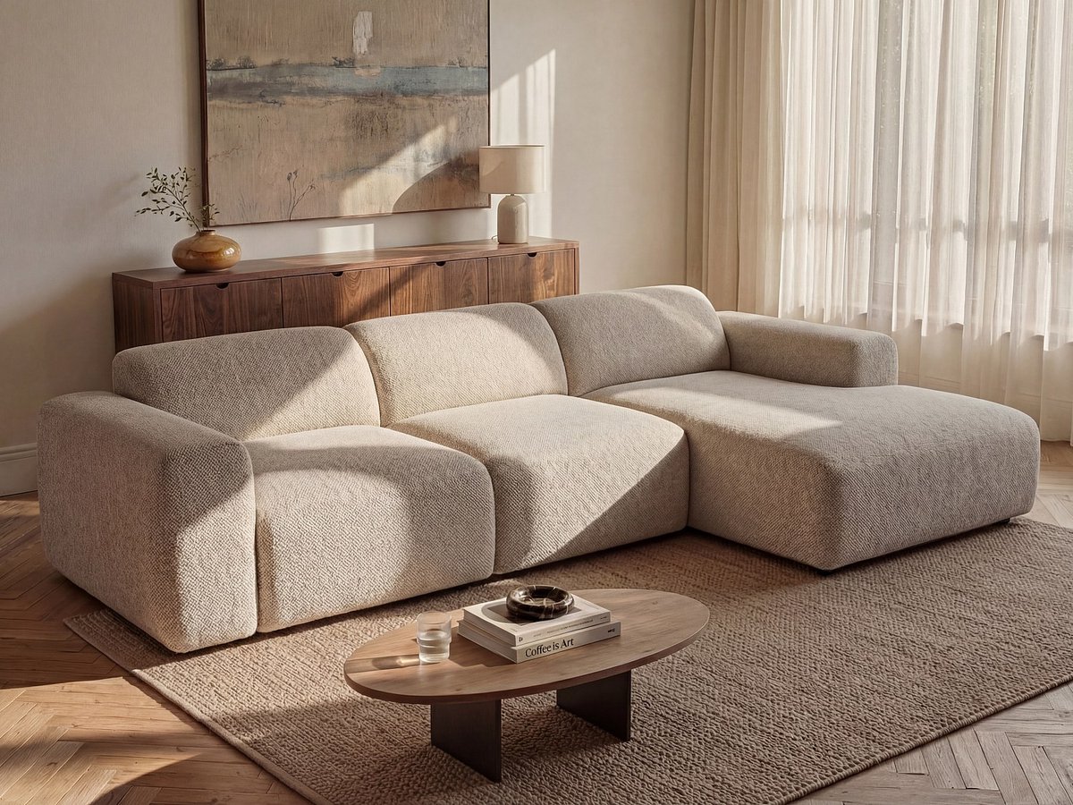 Vente-unique Grote hoekbank rechts met elektrisch verschuifbare zitting in beige stof van Maison Céphy POGNI