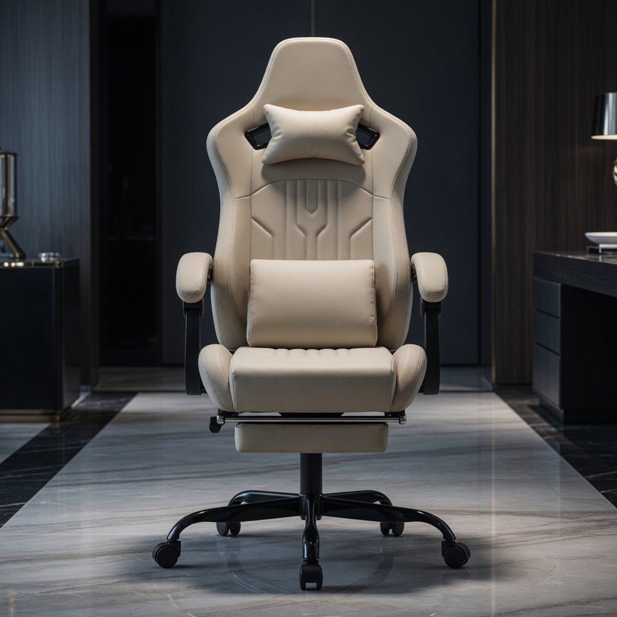 rgonomische Gamingstoel met Voetensteun – Luxe Computerstoel & Bureaustoel met Lendensteun en Hoofdsteun – Verstelbare Rugleuning 90°–135° – 360° Draaibaar – 150 kg Draagvermogen – Tech Stof Ademend – BeigeMobili Bella