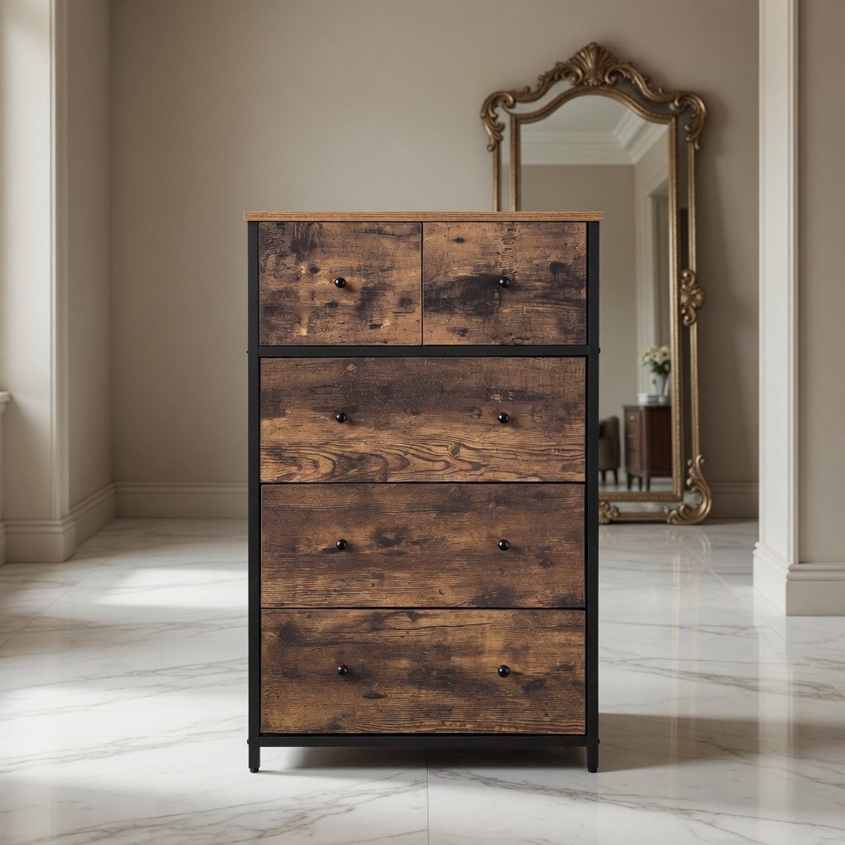 Industrieel Stoffen Ladekast met 5 Lades – Opbergkast / Commode met Metalen Frame en MDF – Rustiek Bruin/Zwart – Mobili Bella – Organizer Ladekast voor Slaapkamer, Woonkamer, Hal & Kinderkamer