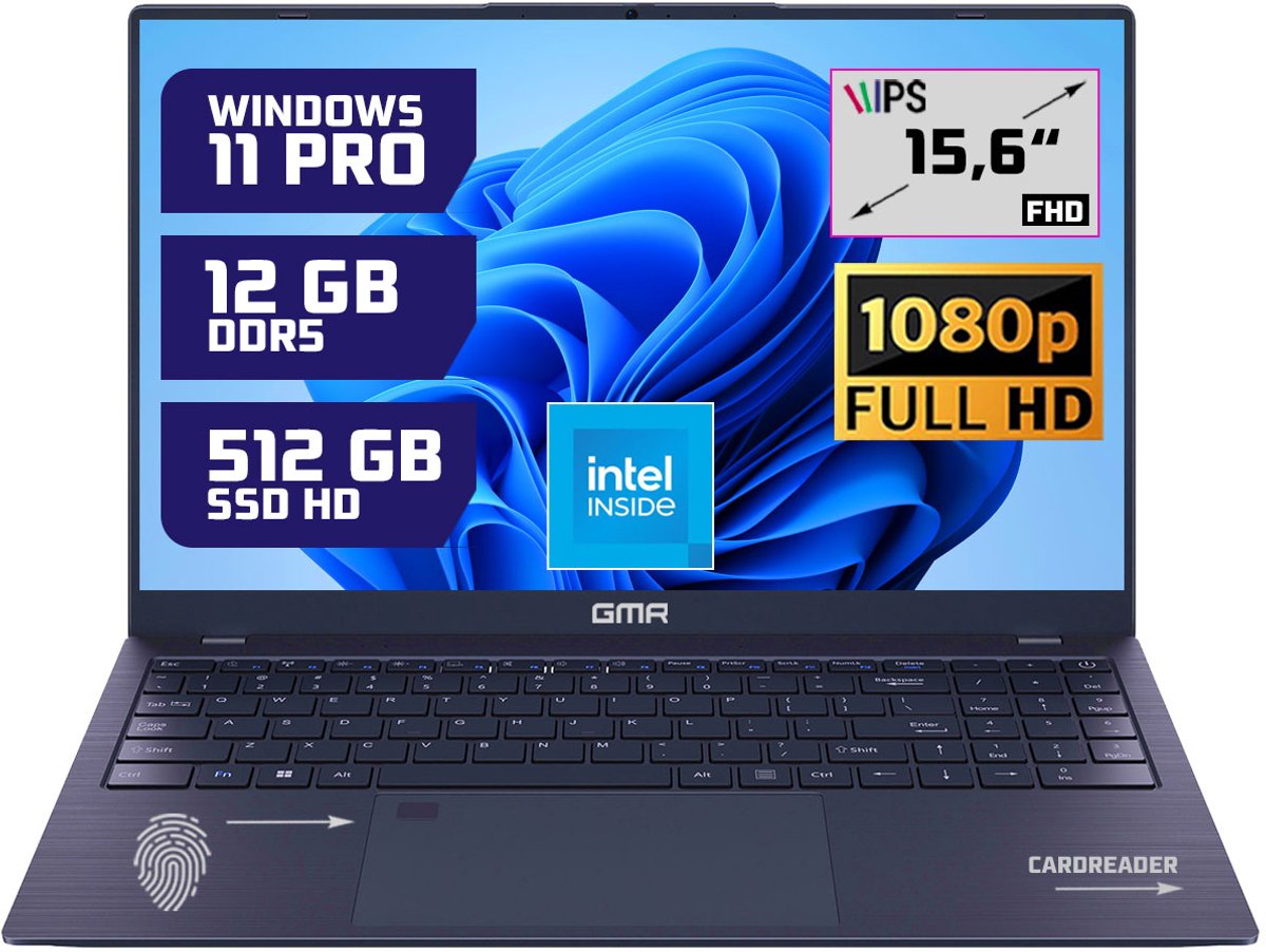GMR 15.6" FHD Laptop - Intel N95, 12GB RAM, 512GB SSD, Windows 11 Pro - Ideaal voor Thuisgebruik, Kantoor & Studie