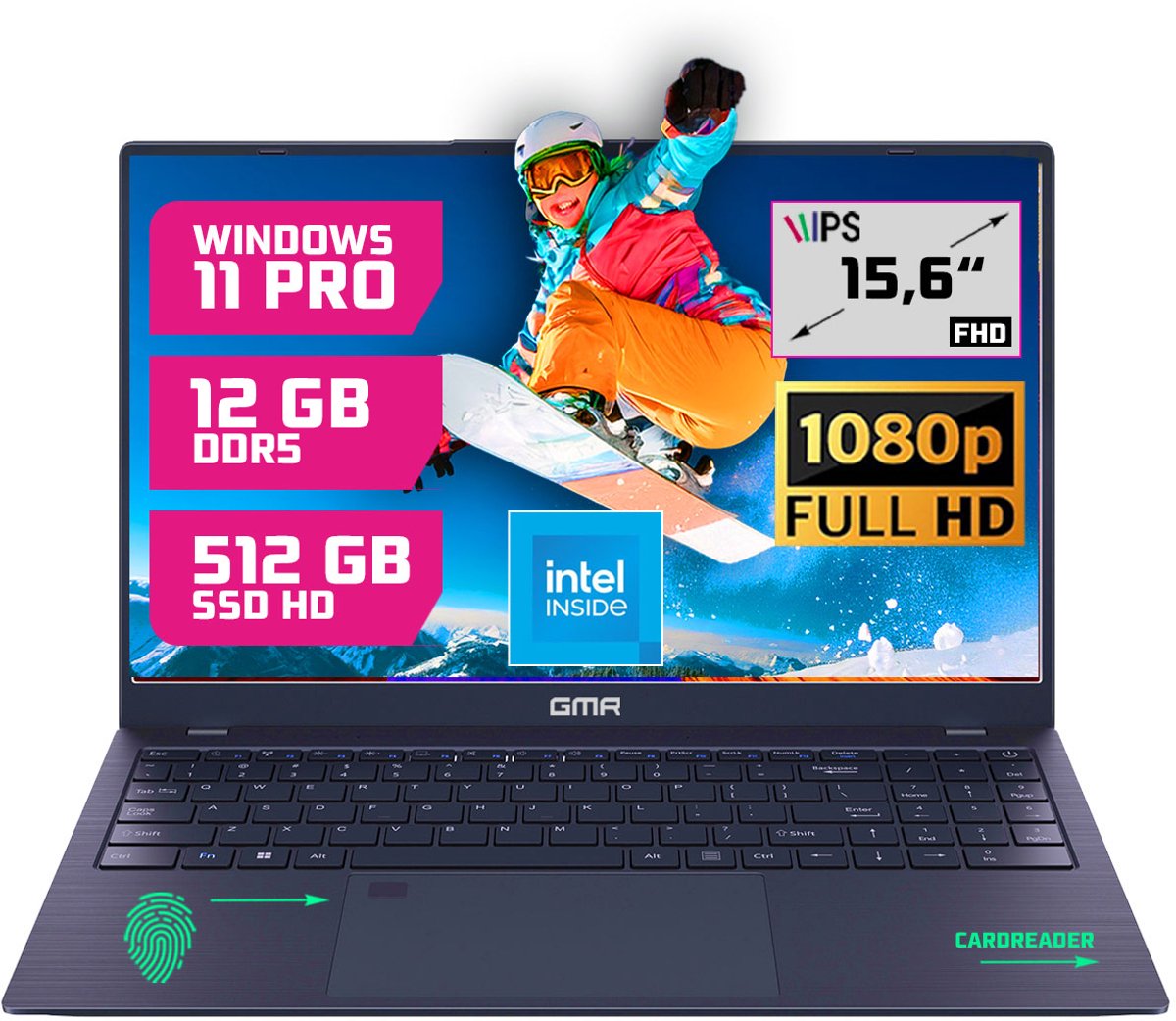 GMR - 15.6 Inch Full HD Laptop - Intel N95 - 16GB DDR4 RAM - 512GB SSD - Windows 11 Pro voor Thuis, Office en Studie notebook