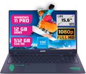 GMR laptop met 15.6" Full HD IPS scherm, Windows 11 Pro, 12GB DDR5, 512GB SSD en Intel inside. Met snowboarder op scherm.
