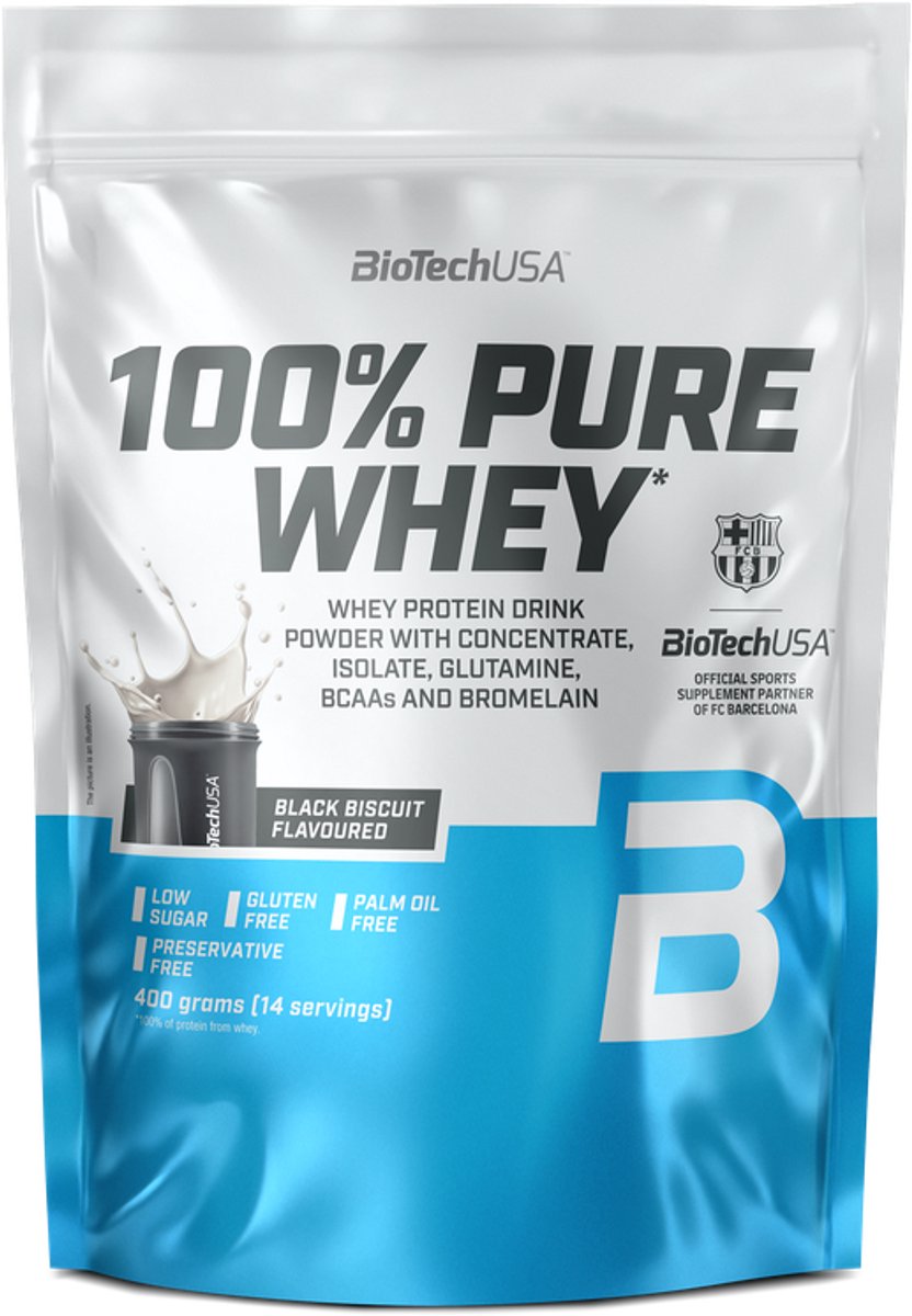 BioTechUSA 100% Pure Whey | Eiwitpoeder met BCAA en Glutamine | Glutenvrij, Palmolievrij | 21g Eiwit per portie, 400 g, Zwart Biscuit