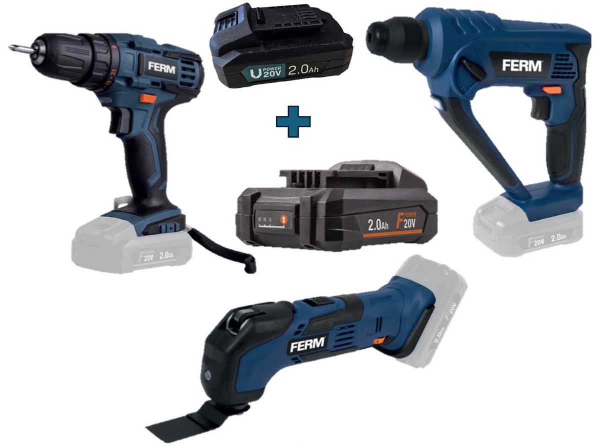 FPS1001 - FERM - F-Power - Gereedschapset - 20V - Starter set - Boormachine - Klopboor - Multitool -Voordeel verpakking met 2 accu's 2AH en lader!!