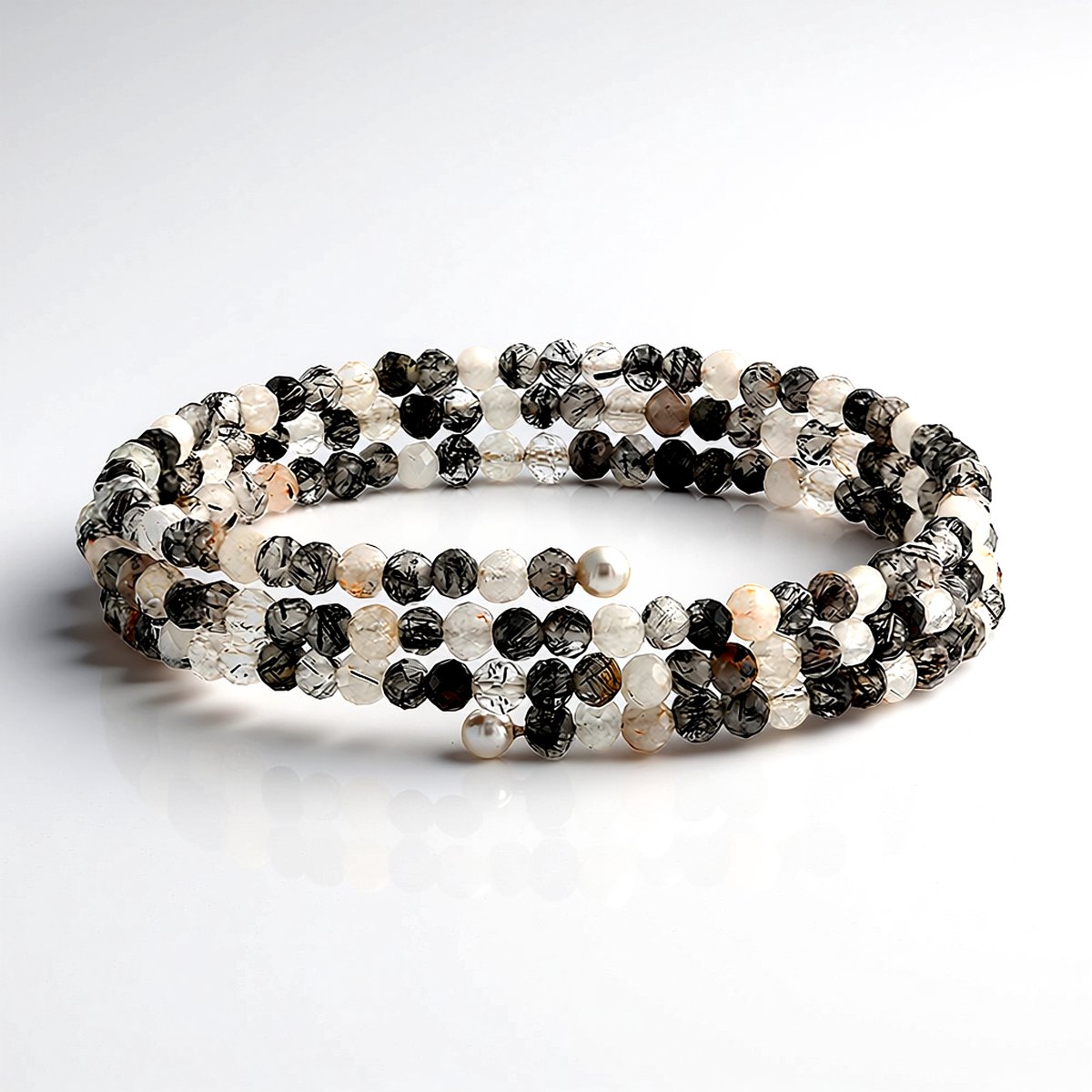Cavill - Stalen Armband - 38,6 ct Zwarte Rutielkwarts & Witte Zoetwaterparels - Elegant Design - Rustvrij Staal - Natuurlijke Edelstenen