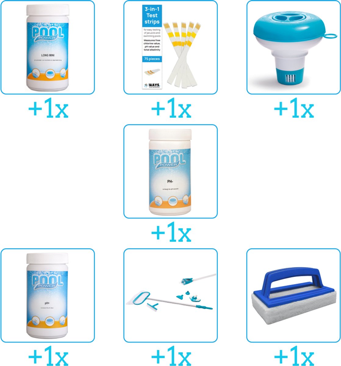 Zwembad Onderhoudspakket - Onderhoud Zwembad - bevat Chloor - Testrips - Chloordrijver - PH-min - PH-plus - Schoonmaakset en Scrubborstel (7-delig)