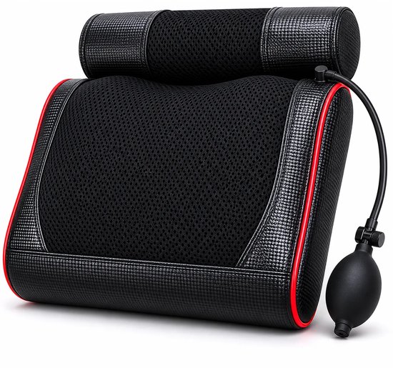 Coussin de massage noir avec rouleau de nuque et accents rouges, avec une pompe de gonflage noire.
