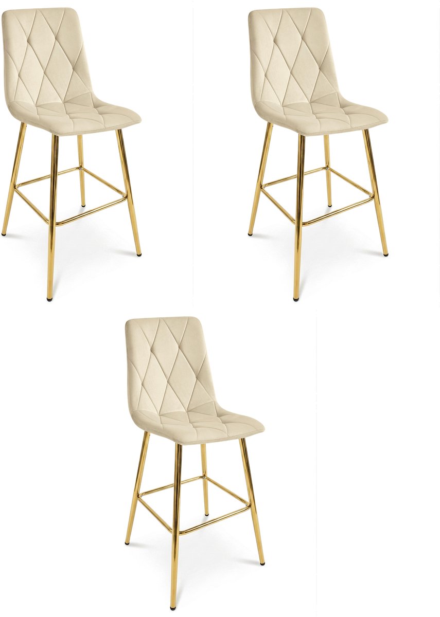 LEOBERT Set van 3 barkrukken LIBRA - Lichtbeige fluweel - Gouden metalen poten - Modern design Beige/Goud