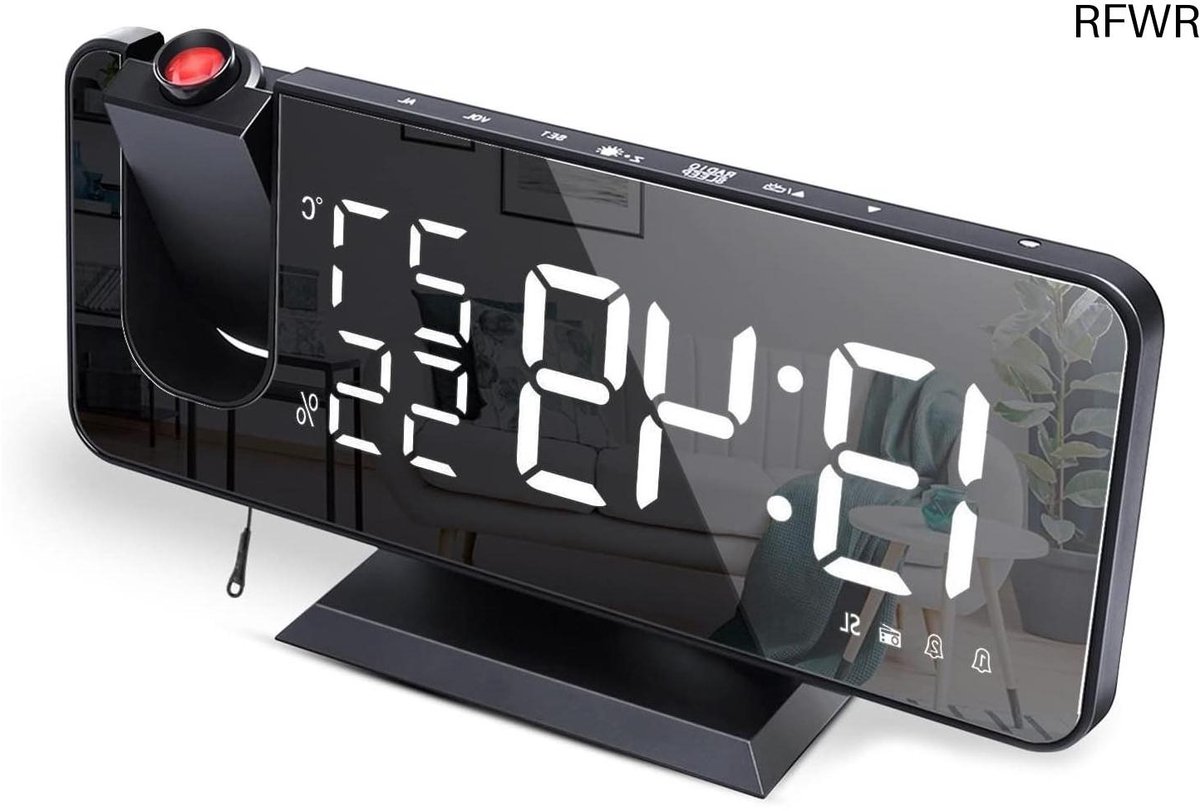 Projectie Wekker - Digitale Klok - Wakker Worden - Grote Spiegel Display - 18.5 cm - Zwart