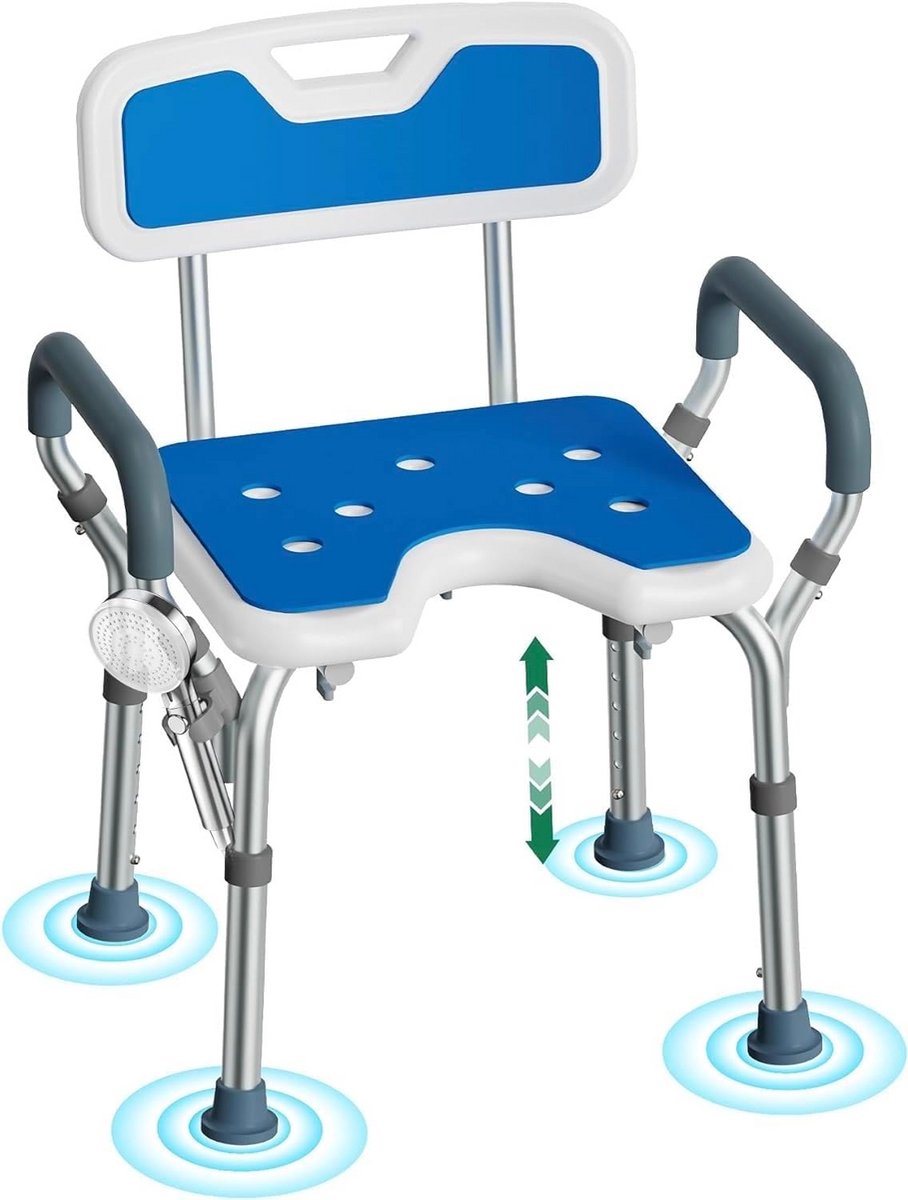 Douchestoel Met Armleuningen - Zitje Badkamer - Veilig Douchen - Verstelbare Hoogte - 40 cm Diep - Blauw