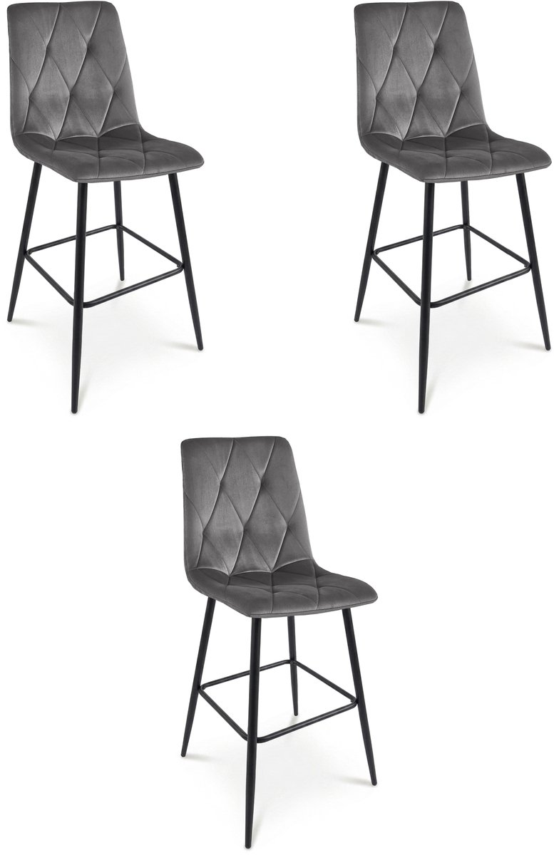LEOBERT Set van 3 barkrukken LIBRA - Donkergrijs fluweel - Zwarte metalen poten - Modern design