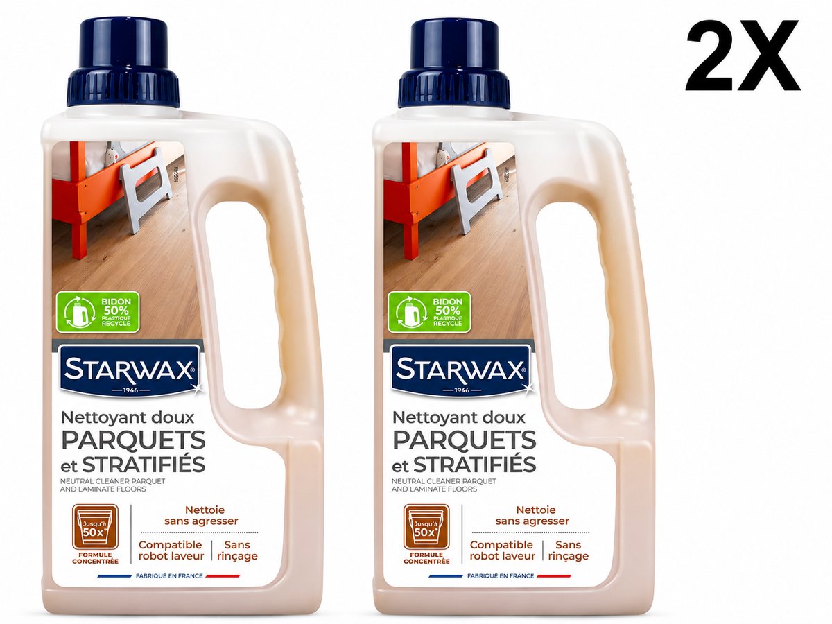 Starwax Zachte Geconcentreerde Reiniger voor Parket en Laminaat 1 Liter - pH-Neutraal Geen Spoelen Antislip - Verwijdert Vlekken zonder Vloer te Beschadigen - Made in France - Set van 2 Flessen (2 L Totaal) - Voordeelverpakking