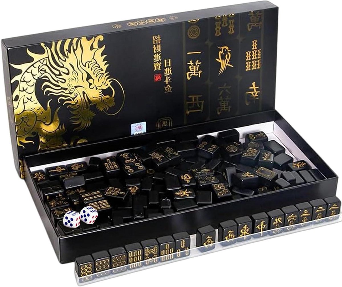 Mahjong Spel Set - Tafelspel Stenen - Gezellig Spelen - Complete Set Inclusief - 144 Stuks - Zwart Goud