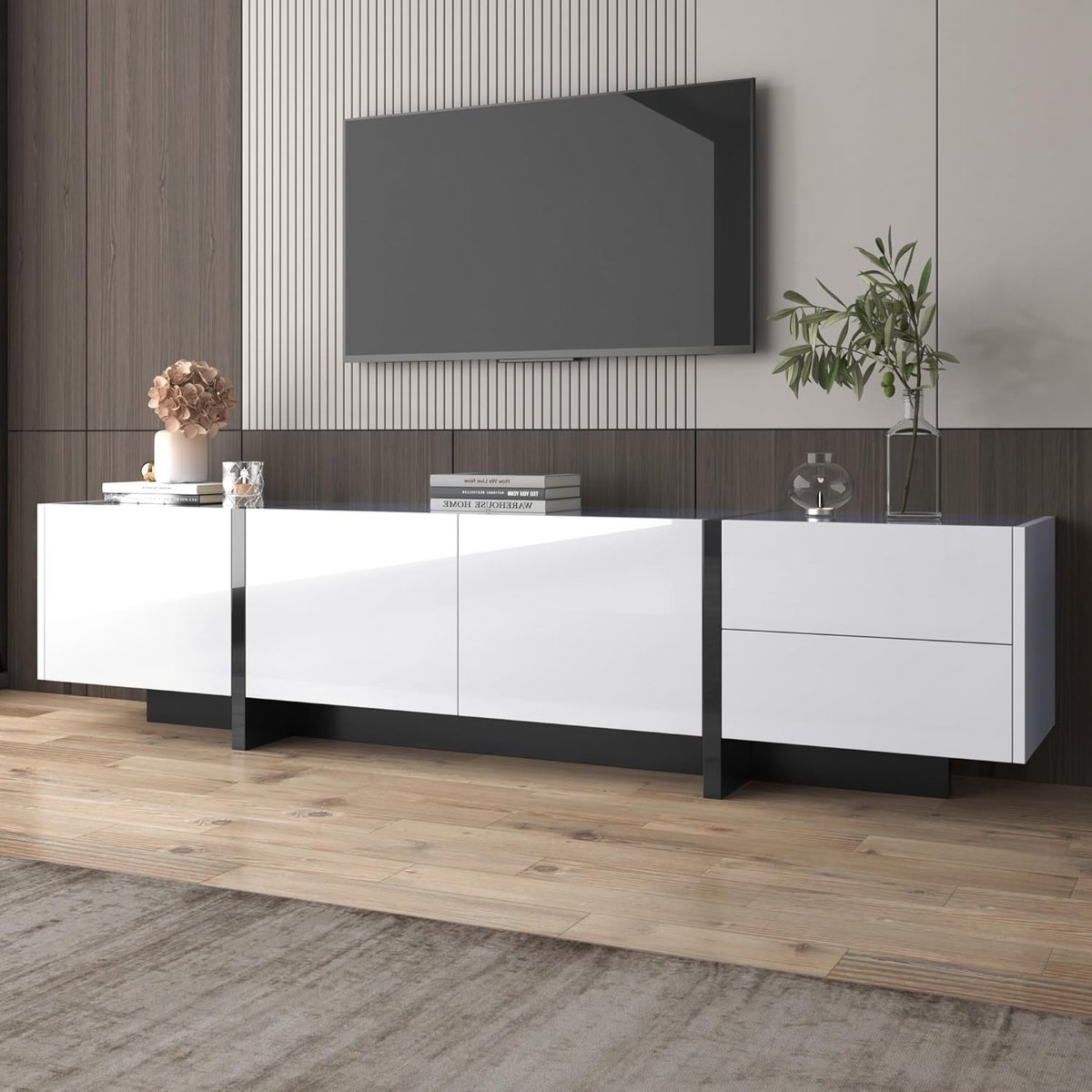 Tv-kast met laden - Moderne televisietafel - Woonkamer opbergen - Hoogglans design - 190 cm breed - Wit zwart
