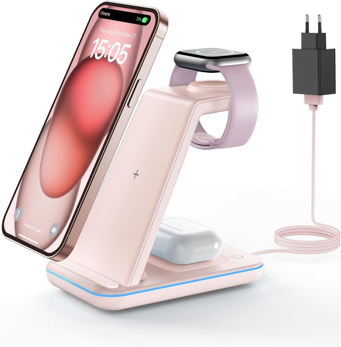Draadloos Laadstation - Oplaad Dock - Meerdere Apparaten - Veilige Snellader - 18W - Roze