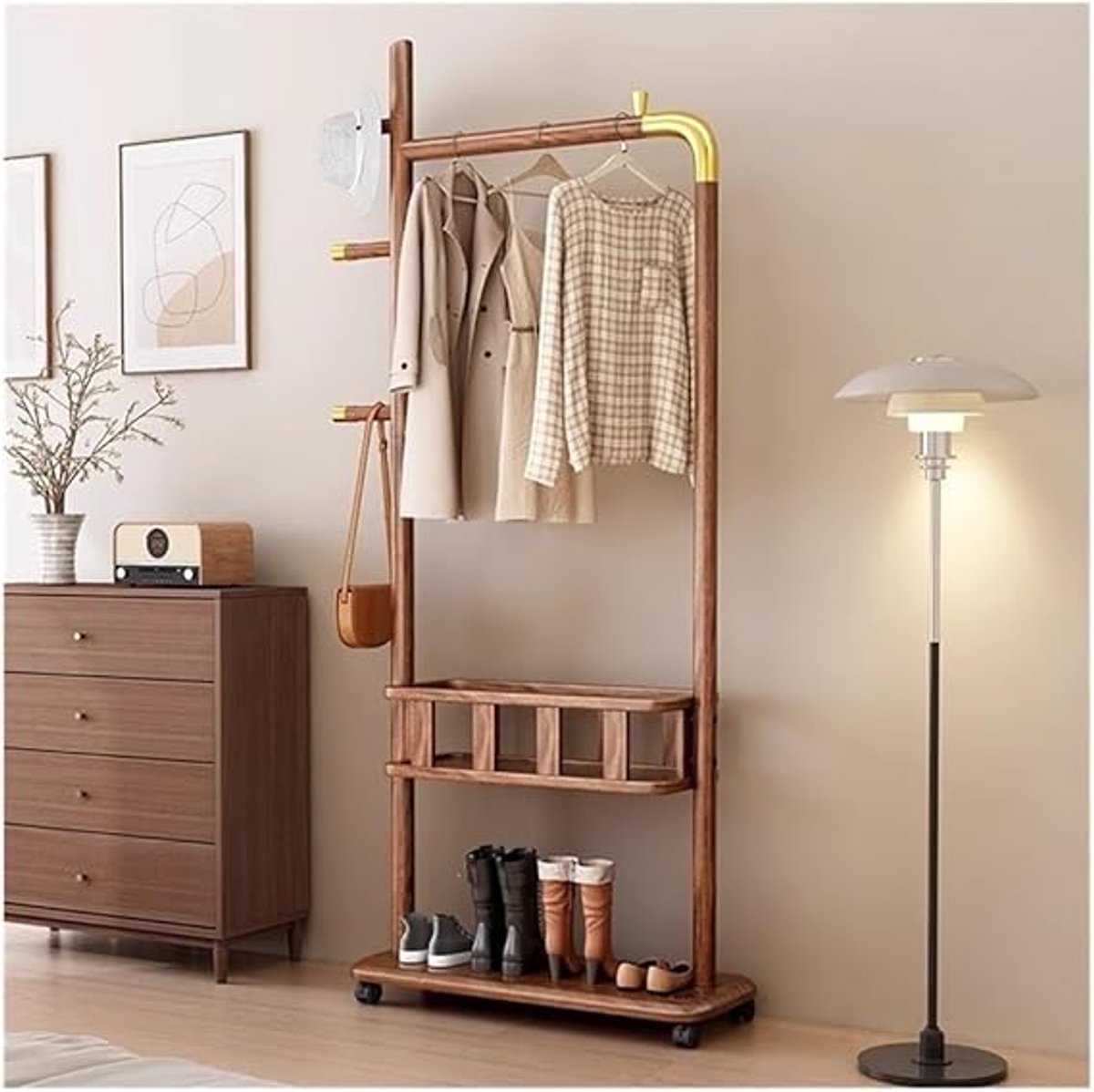 Staande Garderoberek Kapstok met Schoenenrek en Hoedenplank – Massief Houten Multifunctioneel Kledingrek voor Hal, Entree en Slaapkamer – Ruimtebesparende Entryway Organizer – 10 x 10 x 10 mm – foto 2
