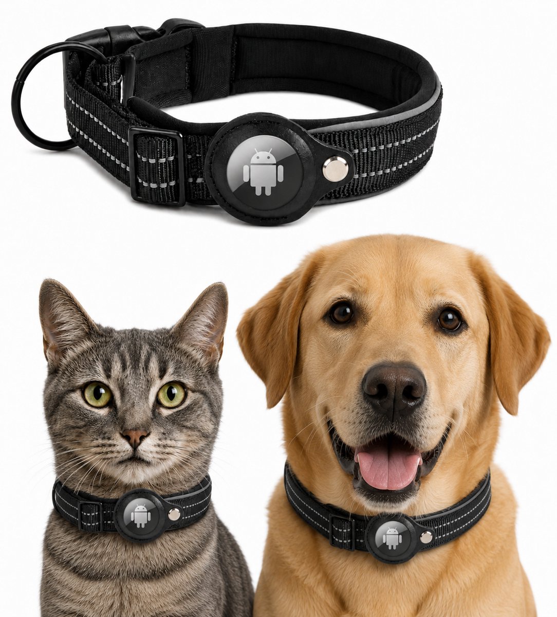 Dierboetiek - Stevige Hondenhalsband en Kattenhalsband Inclusief Android Tracker Tag – Zwart – Verstelbaar - Maat M - Android