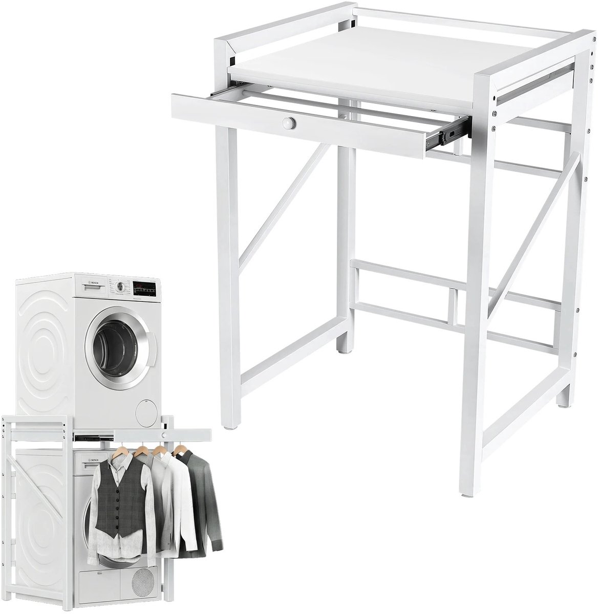 Velmio Wasmachine Stapelset Met Schuifrek - Wasmachine Stapelrek - Universeel Wasmachine en Droger - Anti Vibratie - Robuust - Stevig - Stabiel Verhoger - Wasmachine Ombouw -Met Lade