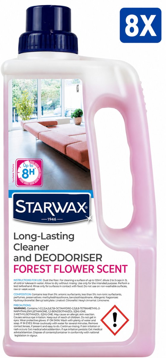 Starwax Allesreiniger Multi-Usages Fleur des Bois 1 Liter - Set van 8 Flessen (8 L Totaal) - Geurverdrijver Ontvetter Zonder Bleekmiddel en Zonder Spoelen - Made in France