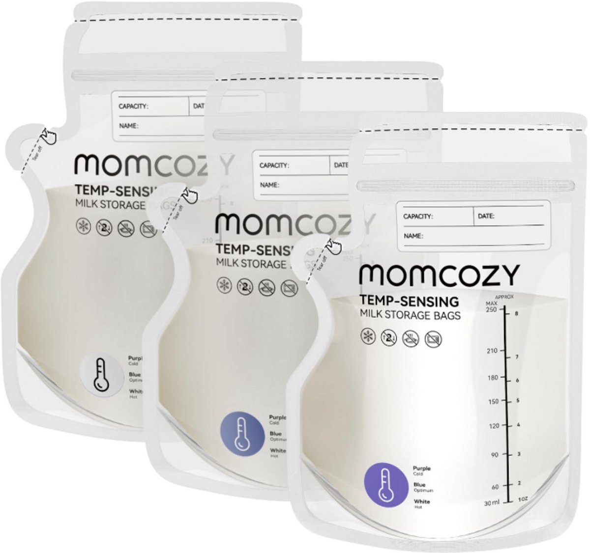 Momcozy Moedermelk Bewaarzakjes 250ml (8oz) – 60 Stuks – Temperatuurindicator – Lekvrij – Voorgesteriliseerd – Zelfstaand met Giettuit – BPA-vrij