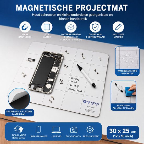 Een smartphone is op de magnetische projectmat geplaatst, met schroeven. De mat heeft een raster en is waterbestendig.