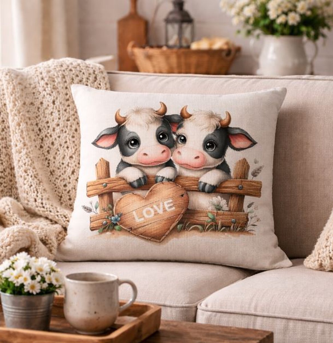 Canvas Happy Cow Collection kussenhoes - 45x45 cm