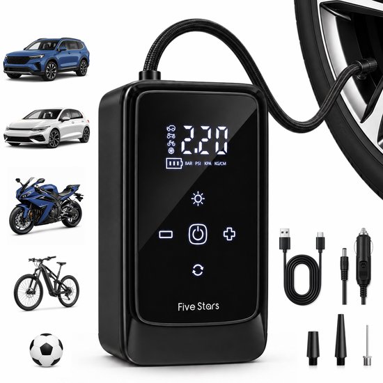 Compresseur Five Stars® Pompe à Pneu - Sans Fil & 12V - Compresseur d'air Portable - Pompe à Vélo Électrique - Pour Voiture, Vélo, Moto et Ballon